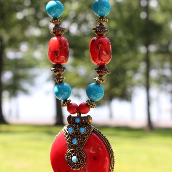 Big Red Tribal Cultural Statement Necklace - Picture 10 of 15